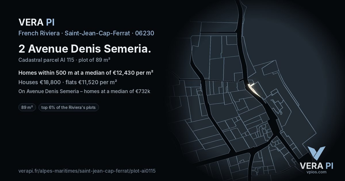 2 Avenue Denis Semeria, Saint-Jean-Cap-Ferrat at night – the plot lit, the parcels around coloured by the prices near them