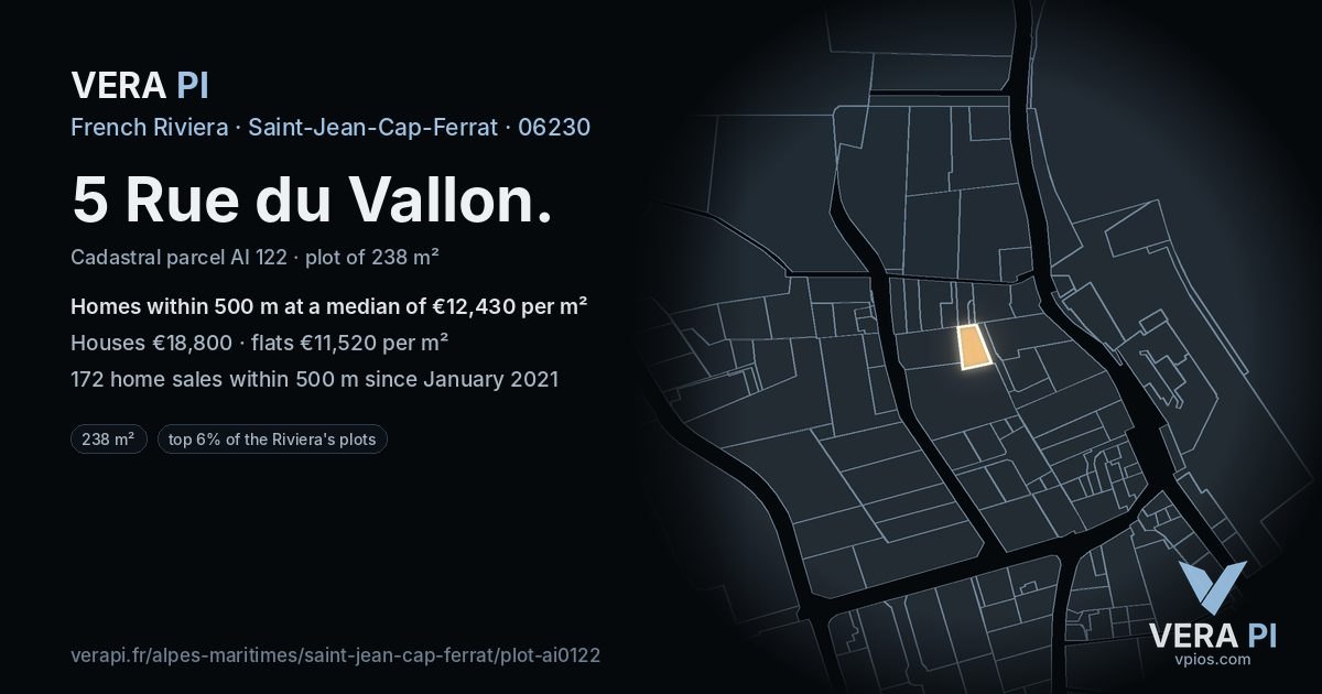 5 Rue du Vallon, Saint-Jean-Cap-Ferrat at night – the plot lit, the parcels around coloured by the prices near them