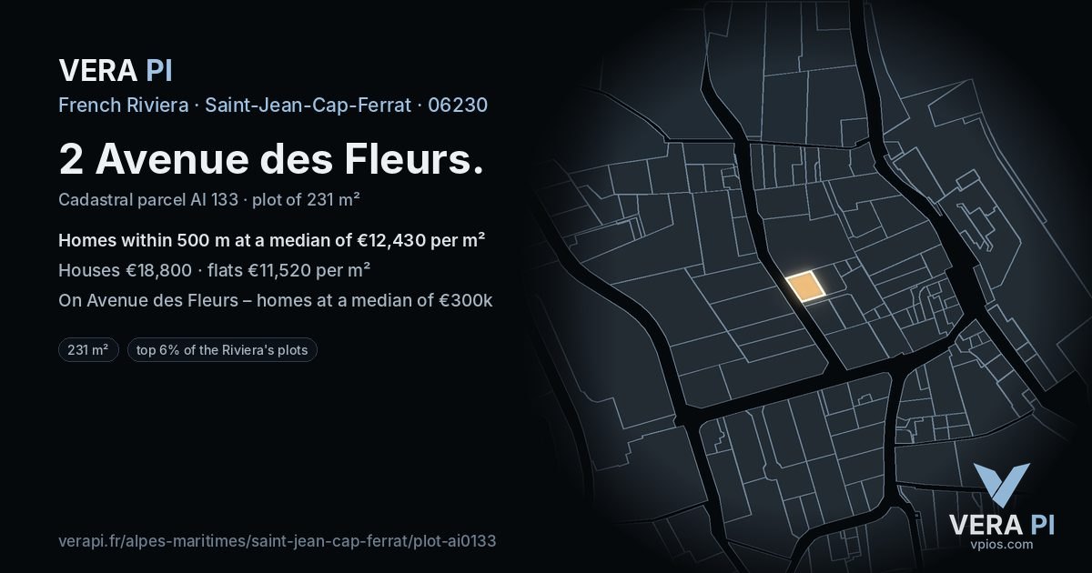 2 Avenue des Fleurs, Saint-Jean-Cap-Ferrat at night – the plot lit, the parcels around coloured by the prices near them