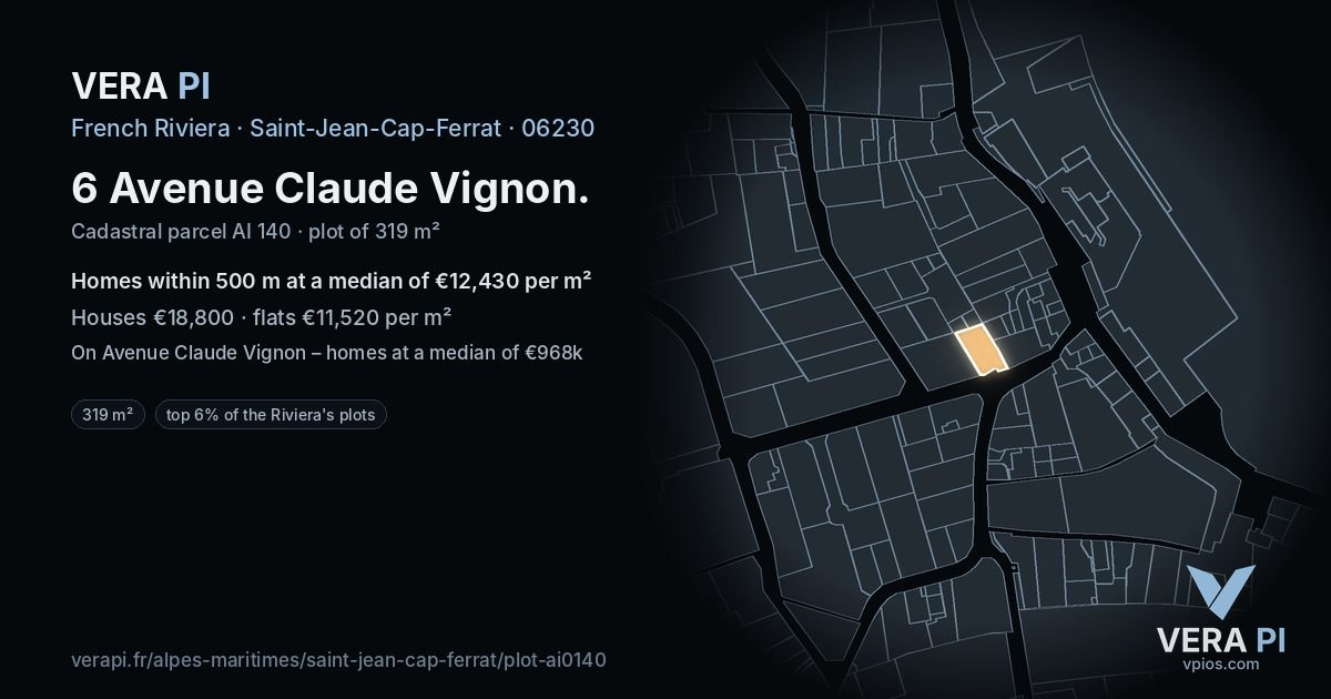 6 Avenue Claude Vignon, Saint-Jean-Cap-Ferrat at night – the plot lit, the parcels around coloured by the prices near them