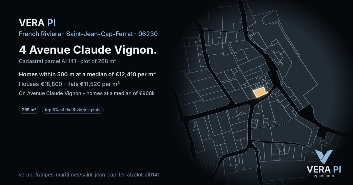 4 Avenue Claude Vignon, Saint-Jean-Cap-Ferrat at night – the plot lit, the parcels around coloured by the prices near them