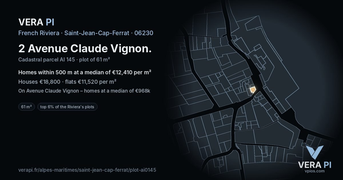 2 Avenue Claude Vignon, Saint-Jean-Cap-Ferrat at night – the plot lit, the parcels around coloured by the prices near them