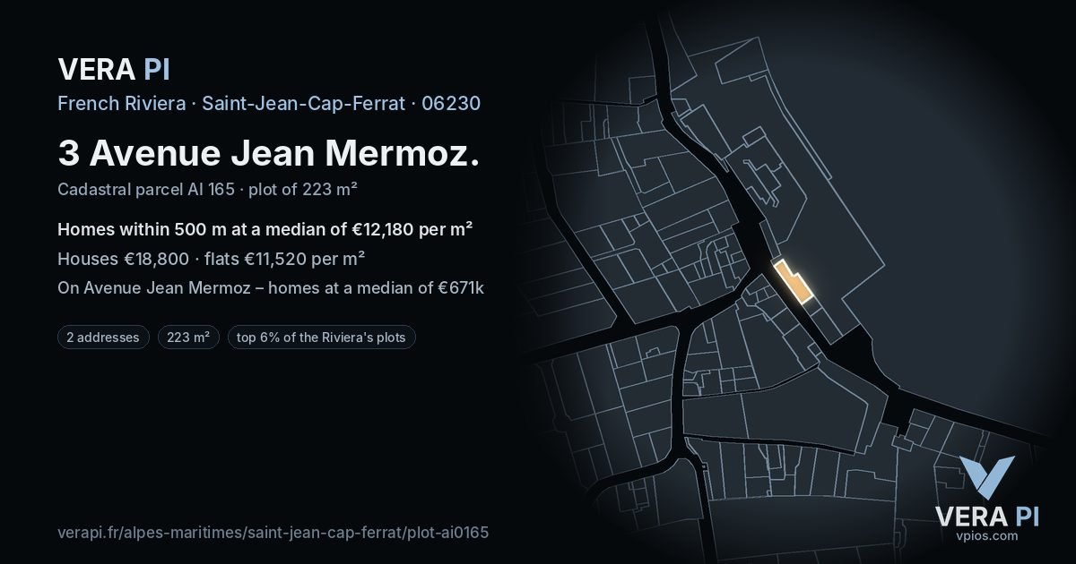 3 Avenue Jean Mermoz, Saint-Jean-Cap-Ferrat at night – the plot lit, the parcels around coloured by the prices near them