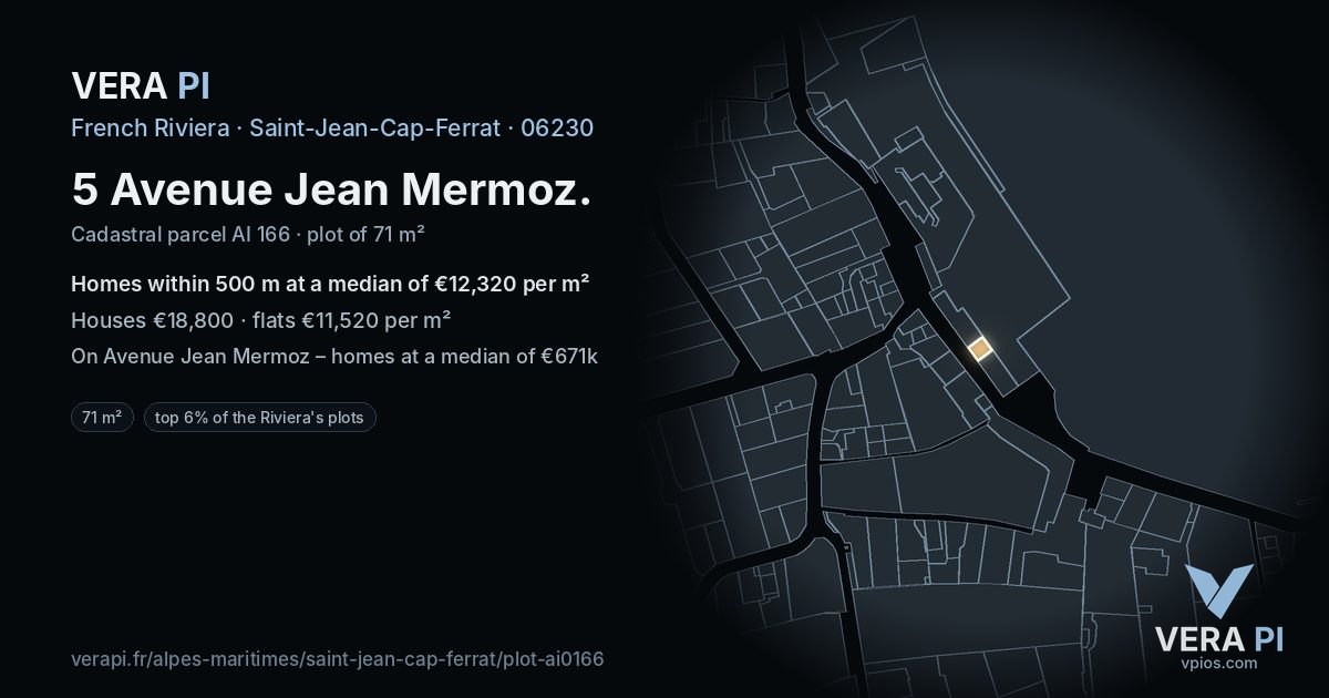 5 Avenue Jean Mermoz, Saint-Jean-Cap-Ferrat at night – the plot lit, the parcels around coloured by the prices near them