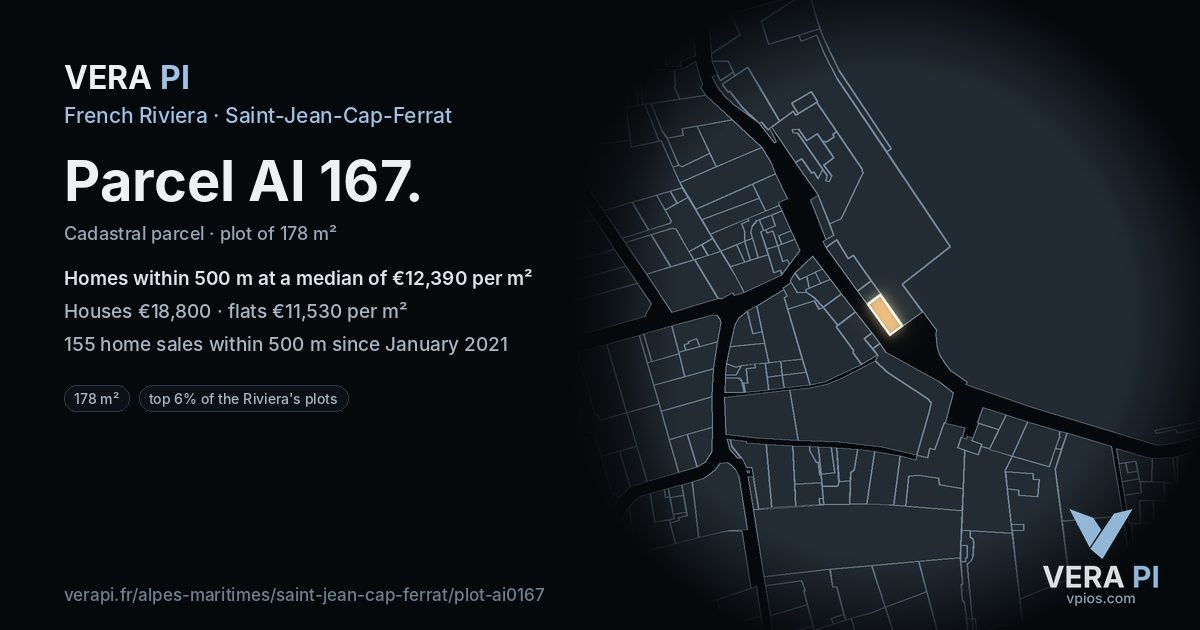 Parcel AI 167, Saint-Jean-Cap-Ferrat at night – the plot lit, the parcels around coloured by the prices near them