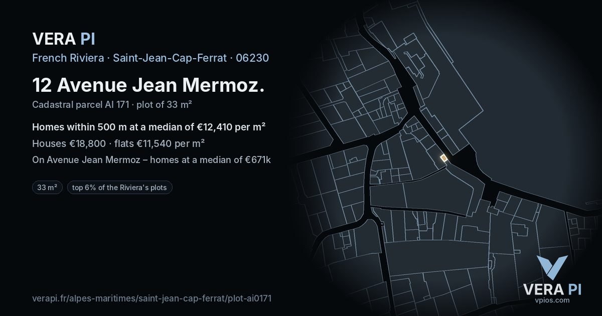 12 Avenue Jean Mermoz, Saint-Jean-Cap-Ferrat at night – the plot lit, the parcels around coloured by the prices near them
