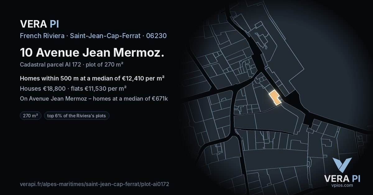 10 Avenue Jean Mermoz, Saint-Jean-Cap-Ferrat at night – the plot lit, the parcels around coloured by the prices near them