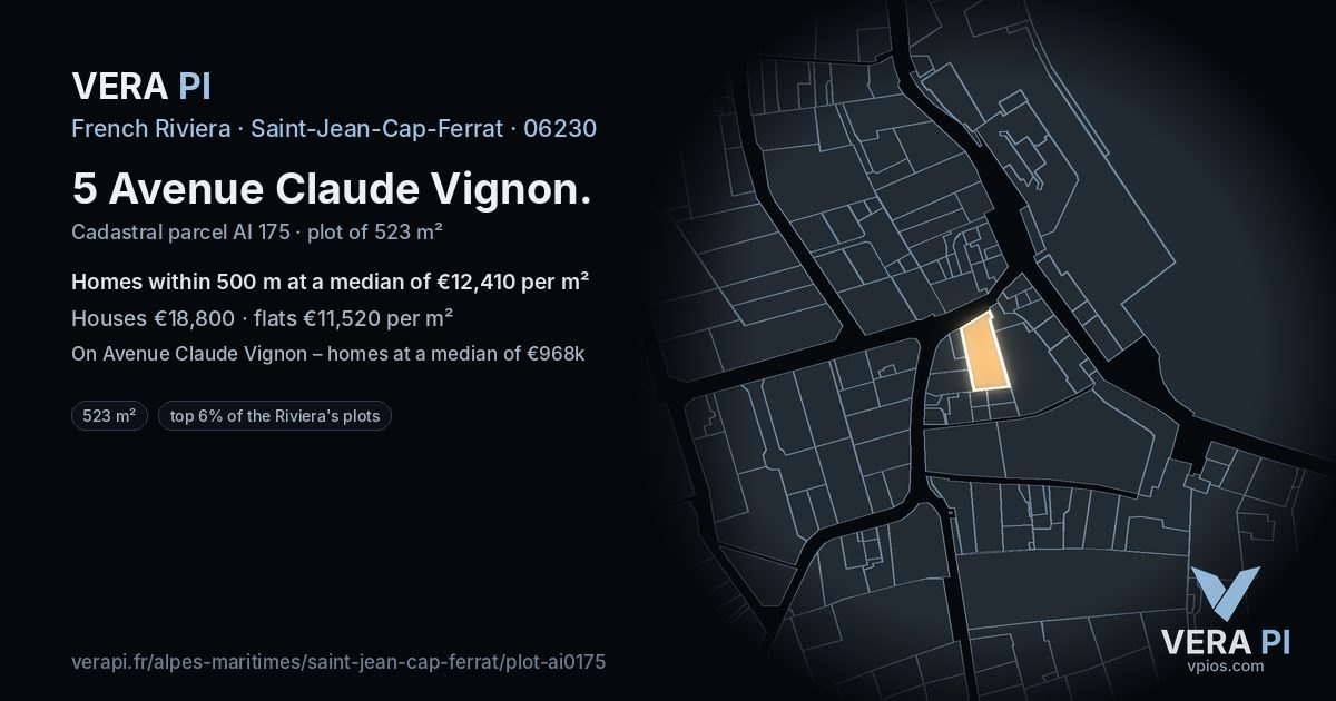 5 Avenue Claude Vignon, Saint-Jean-Cap-Ferrat at night – the plot lit, the parcels around coloured by the prices near them