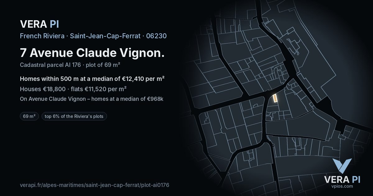 7 Avenue Claude Vignon, Saint-Jean-Cap-Ferrat at night – the plot lit, the parcels around coloured by the prices near them