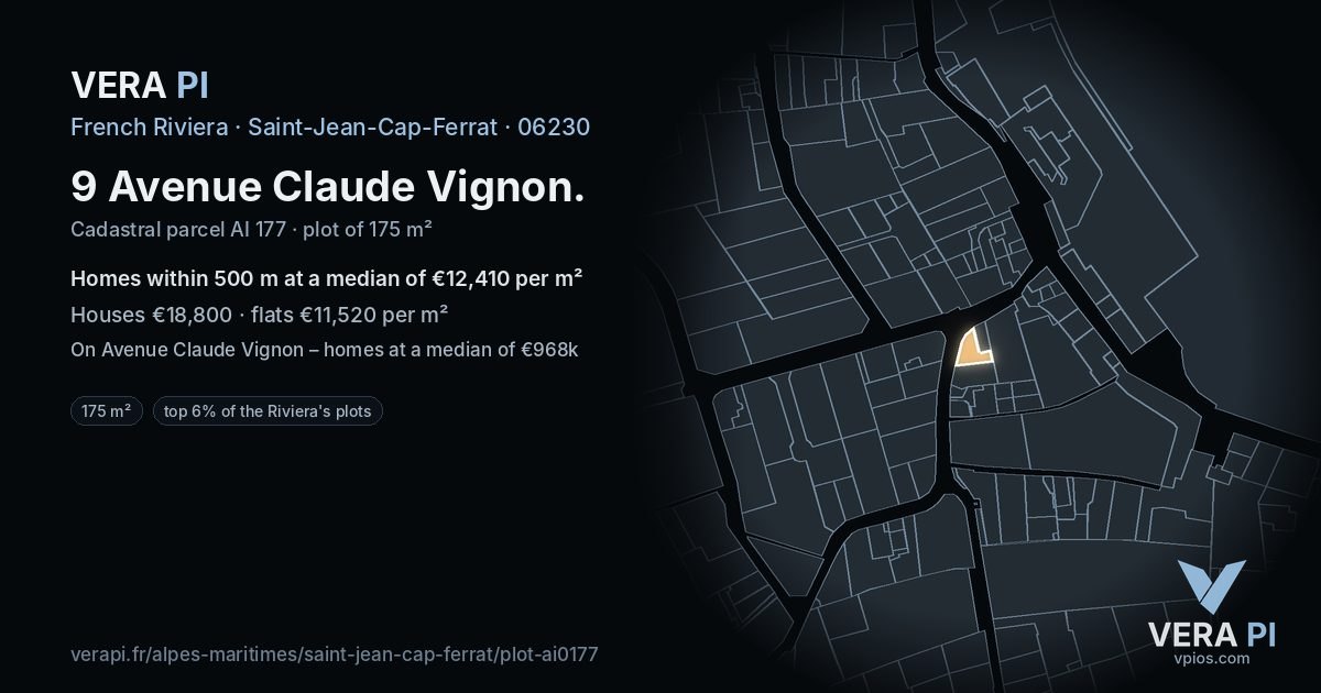 9 Avenue Claude Vignon, Saint-Jean-Cap-Ferrat at night – the plot lit, the parcels around coloured by the prices near them