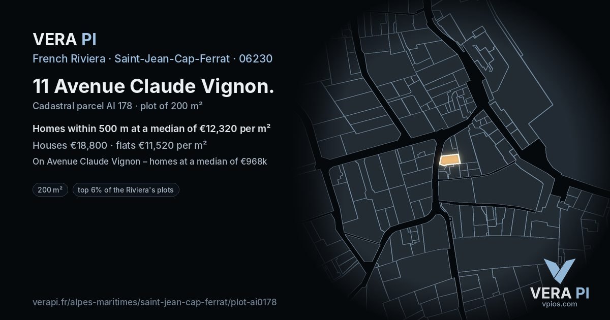 11 Avenue Claude Vignon, Saint-Jean-Cap-Ferrat at night – the plot lit, the parcels around coloured by the prices near them