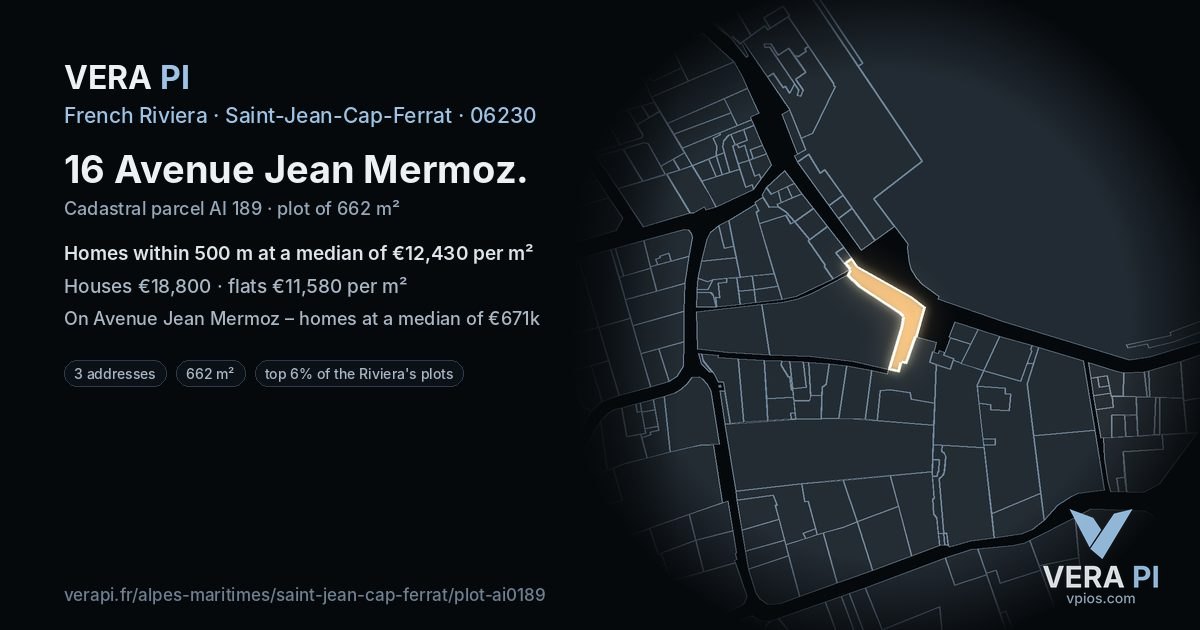 16 Avenue Jean Mermoz, Saint-Jean-Cap-Ferrat at night – the plot lit, the parcels around coloured by the prices near them