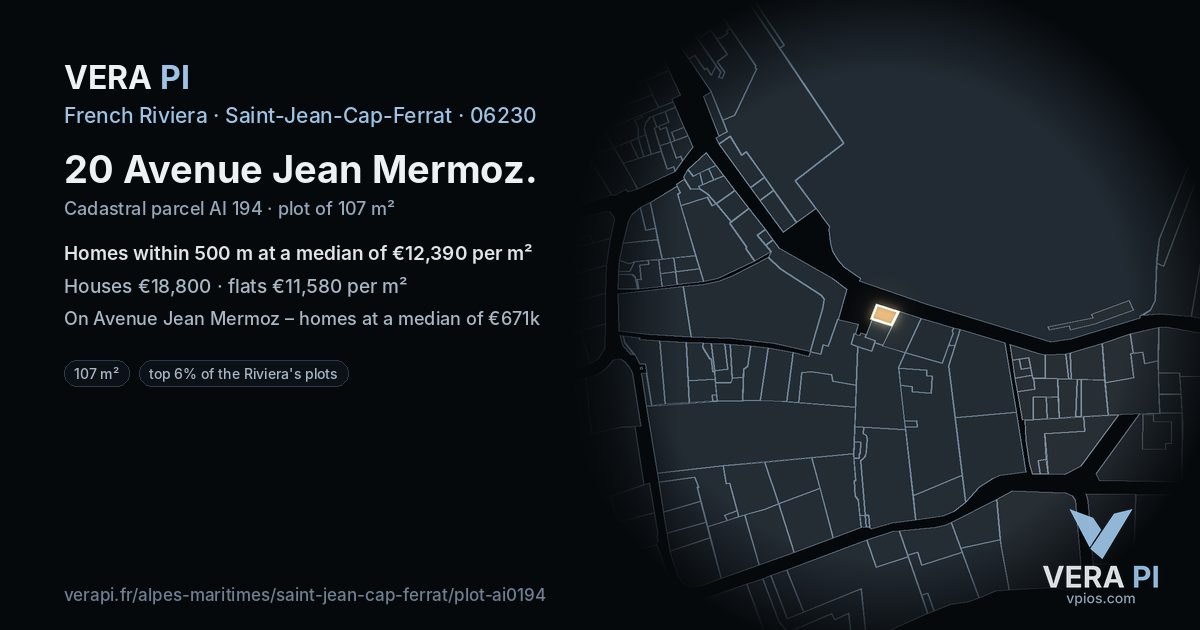 20 Avenue Jean Mermoz, Saint-Jean-Cap-Ferrat at night – the plot lit, the parcels around coloured by the prices near them
