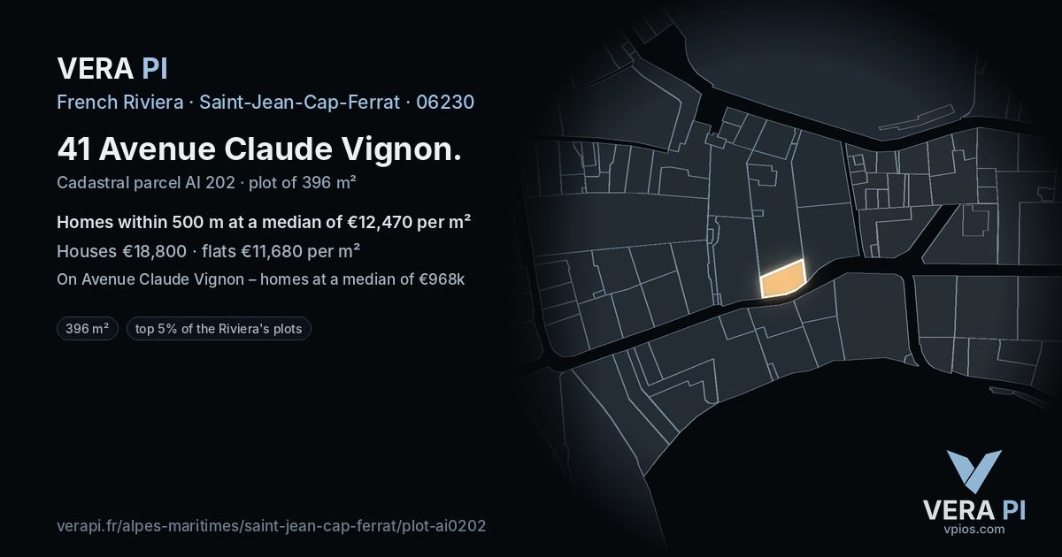 41 Avenue Claude Vignon, Saint-Jean-Cap-Ferrat at night – the plot lit, the parcels around coloured by the prices near them