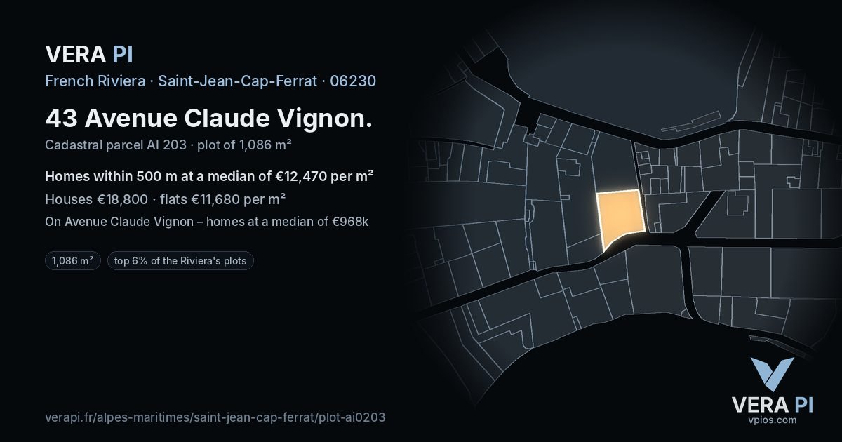 43 Avenue Claude Vignon, Saint-Jean-Cap-Ferrat at night – the plot lit, the parcels around coloured by the prices near them