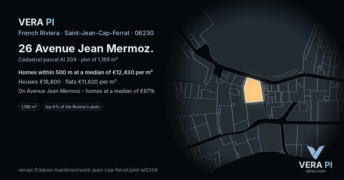 26 Avenue Jean Mermoz, Saint-Jean-Cap-Ferrat at night – the plot lit, the parcels around coloured by the prices near them