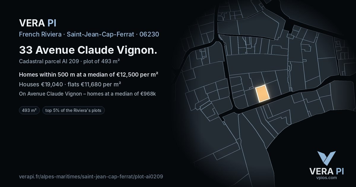 33 Avenue Claude Vignon, Saint-Jean-Cap-Ferrat at night – the plot lit, the parcels around coloured by the prices near them