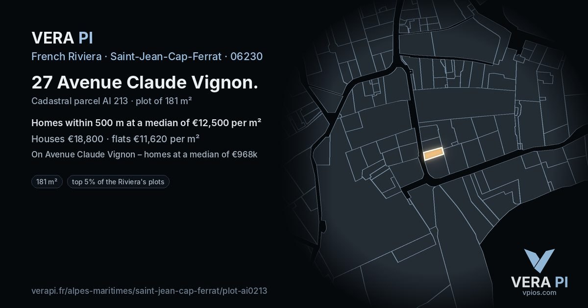 27 Avenue Claude Vignon, Saint-Jean-Cap-Ferrat at night – the plot lit, the parcels around coloured by the prices near them