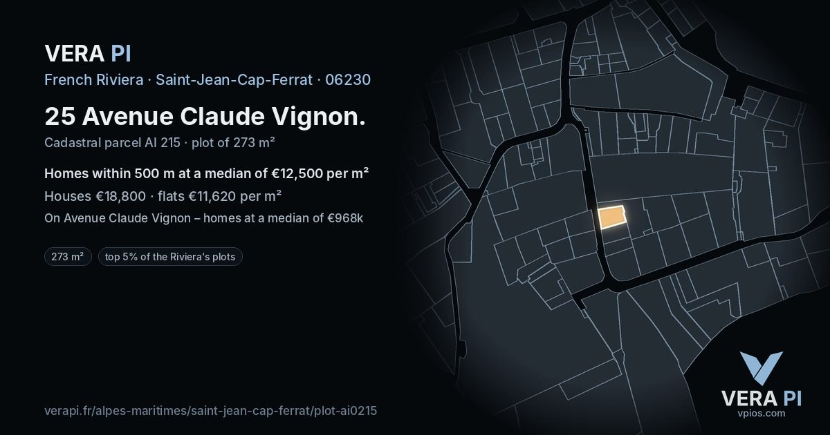 25 Avenue Claude Vignon, Saint-Jean-Cap-Ferrat at night – the plot lit, the parcels around coloured by the prices near them