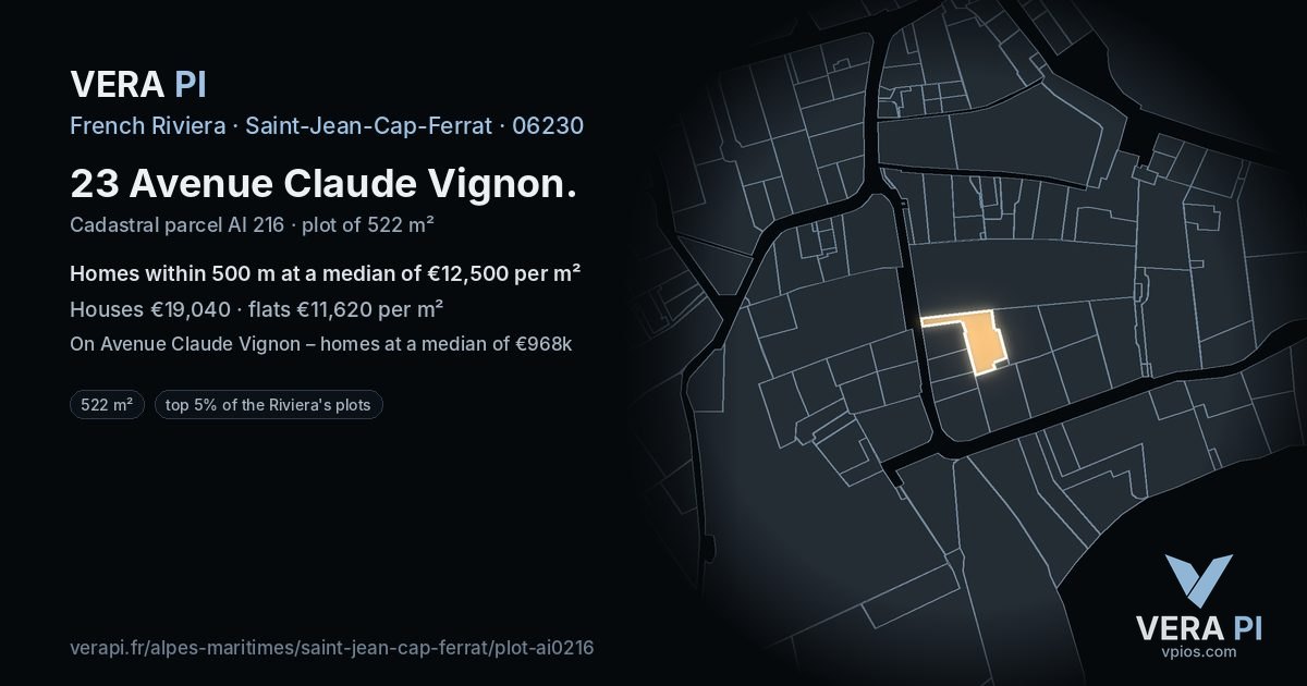 23 Avenue Claude Vignon, Saint-Jean-Cap-Ferrat at night – the plot lit, the parcels around coloured by the prices near them