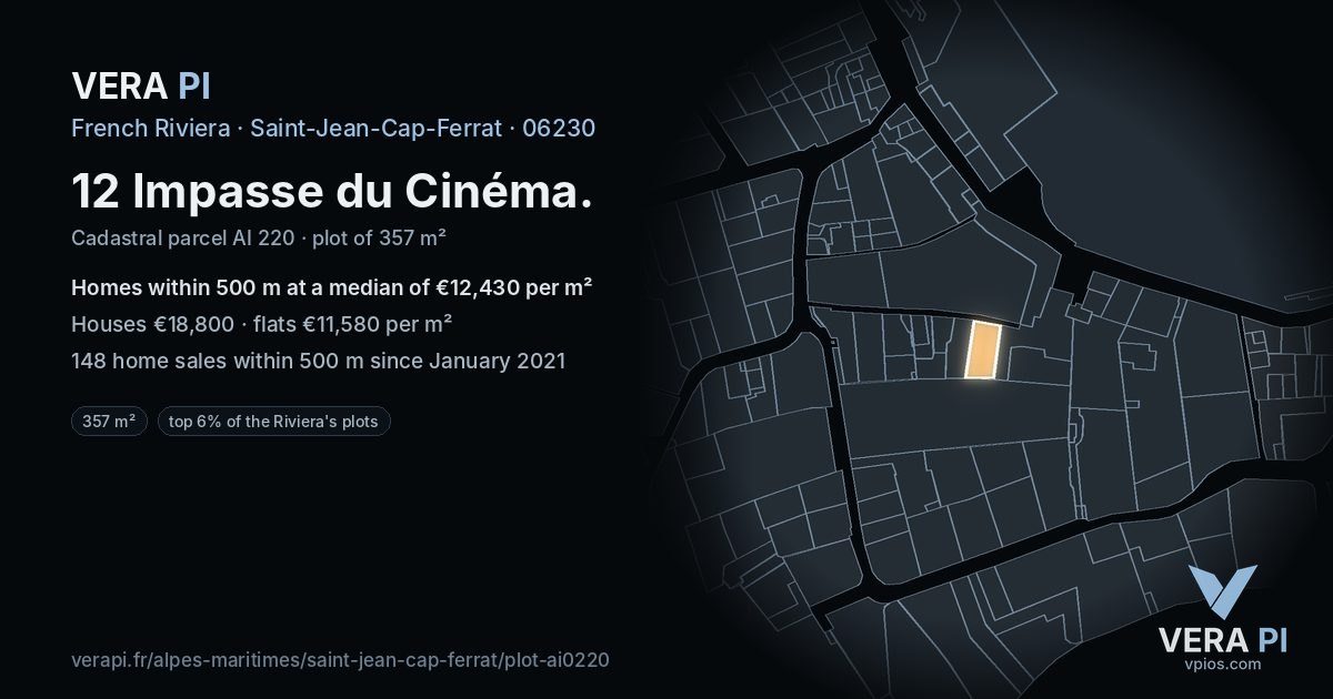 12 Impasse du Cinéma, Saint-Jean-Cap-Ferrat at night – the plot lit, the parcels around coloured by the prices near them