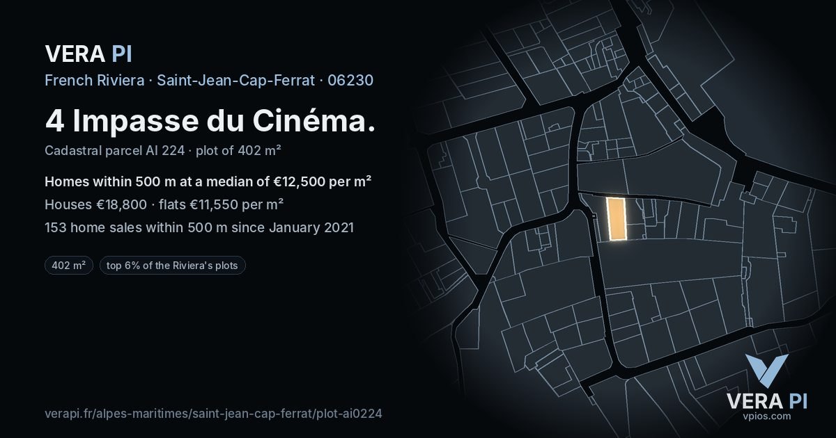 4 Impasse du Cinéma, Saint-Jean-Cap-Ferrat at night – the plot lit, the parcels around coloured by the prices near them