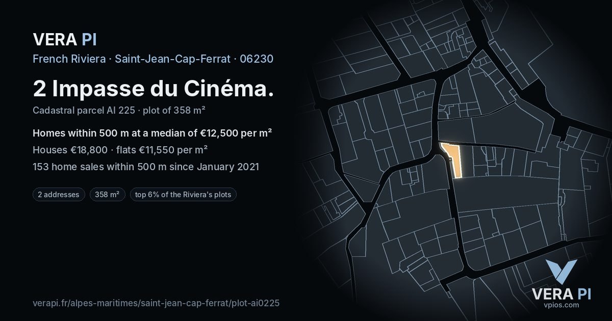 2 Impasse du Cinéma, Saint-Jean-Cap-Ferrat at night – the plot lit, the parcels around coloured by the prices near them