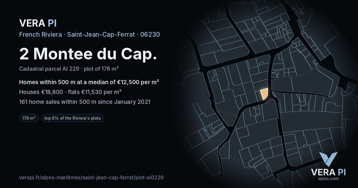 2 Montee du Cap, Saint-Jean-Cap-Ferrat at night – the plot lit, the parcels around coloured by the prices near them