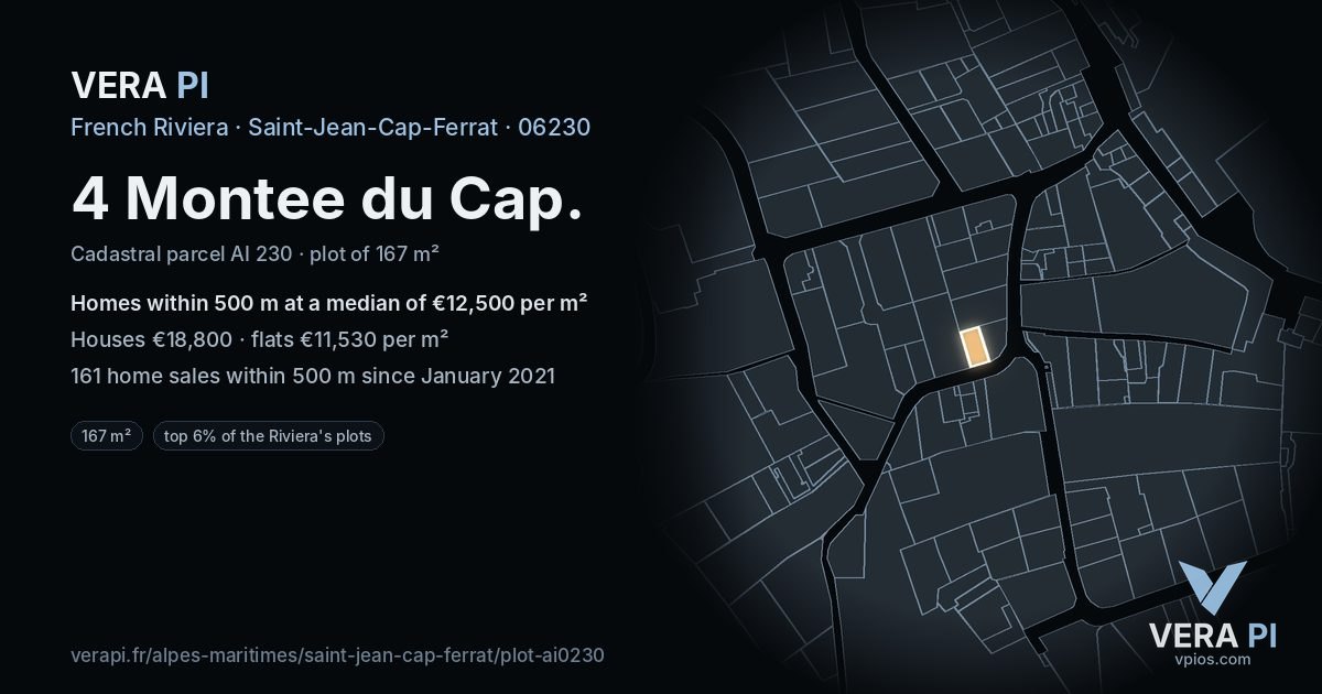 4 Montee du Cap, Saint-Jean-Cap-Ferrat at night – the plot lit, the parcels around coloured by the prices near them