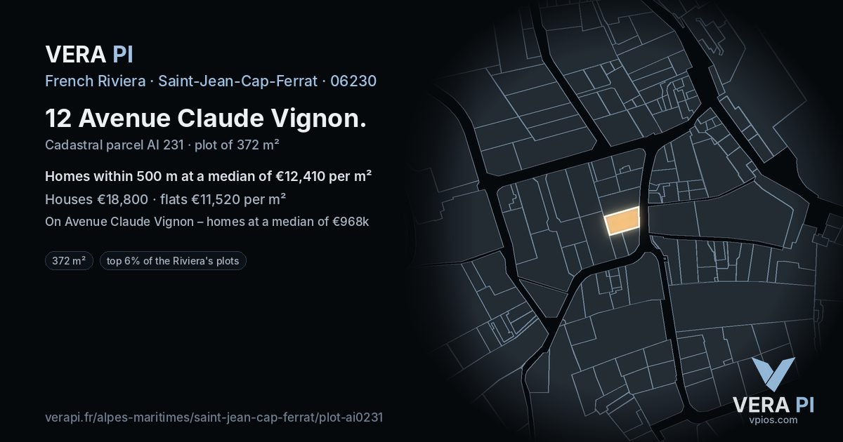 12 Avenue Claude Vignon, Saint-Jean-Cap-Ferrat at night – the plot lit, the parcels around coloured by the prices near them