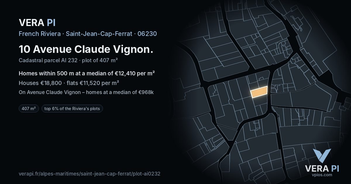 10 Avenue Claude Vignon, Saint-Jean-Cap-Ferrat at night – the plot lit, the parcels around coloured by the prices near them