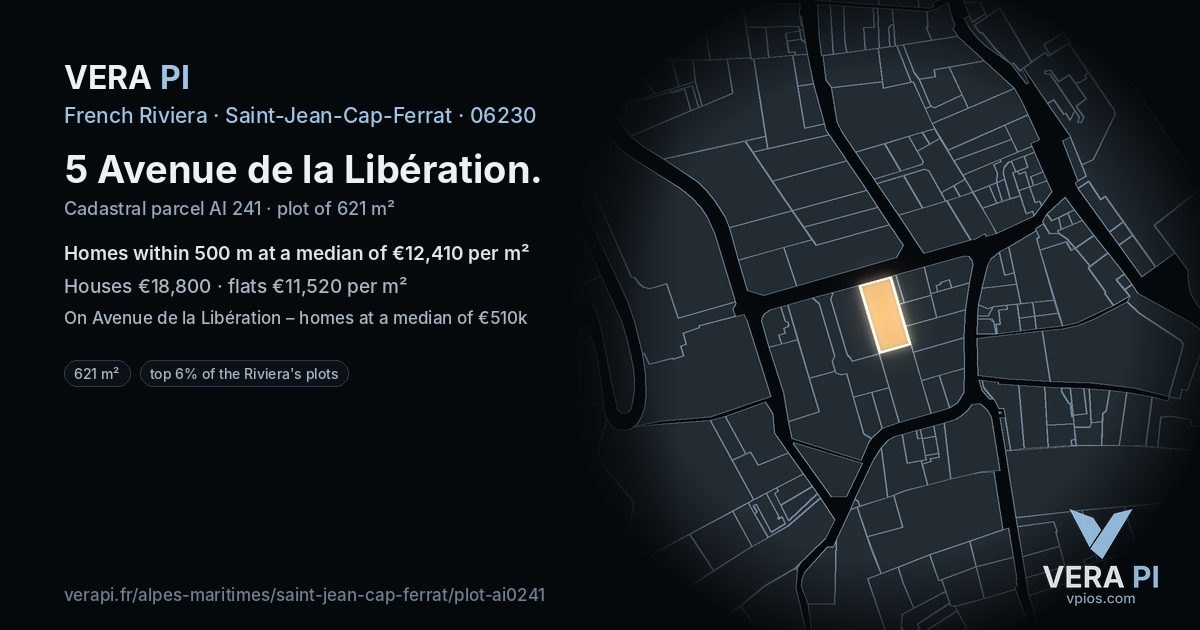 5 Avenue de la Libération, Saint-Jean-Cap-Ferrat at night – the plot lit, the parcels around coloured by the prices near them