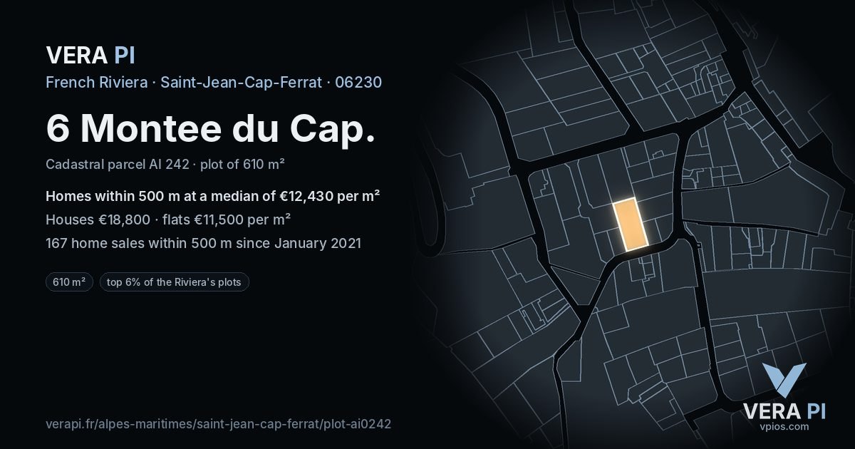 6 Montee du Cap, Saint-Jean-Cap-Ferrat at night – the plot lit, the parcels around coloured by the prices near them