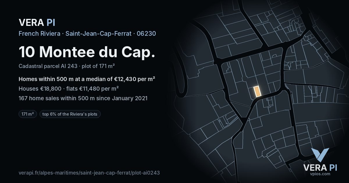 10 Montee du Cap, Saint-Jean-Cap-Ferrat at night – the plot lit, the parcels around coloured by the prices near them