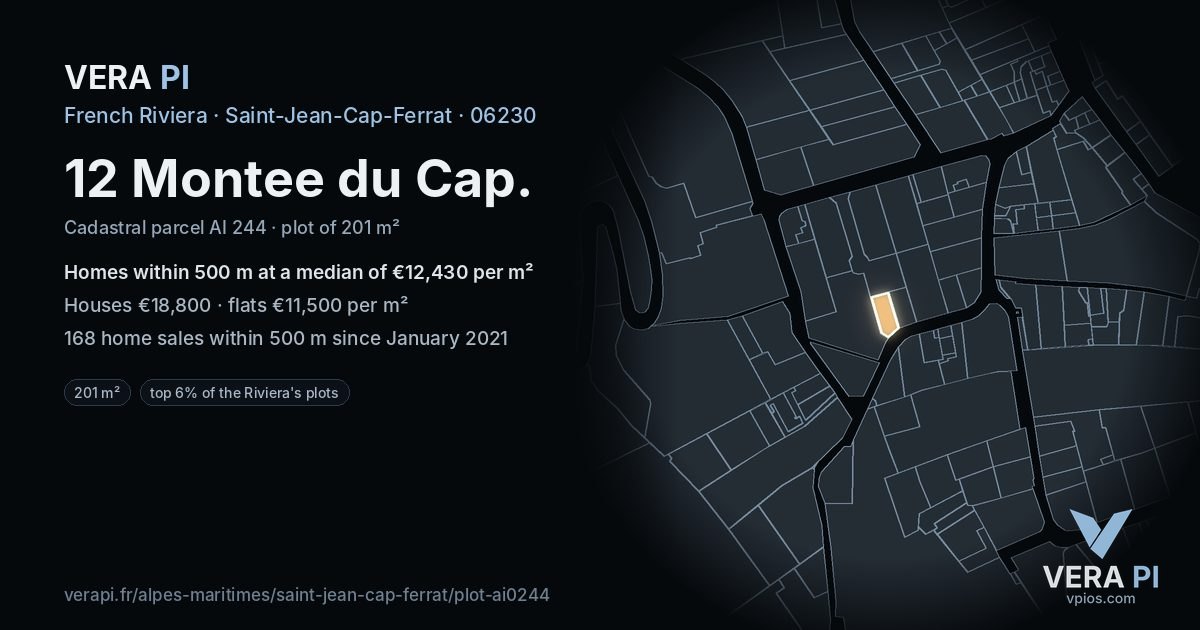 12 Montee du Cap, Saint-Jean-Cap-Ferrat at night – the plot lit, the parcels around coloured by the prices near them