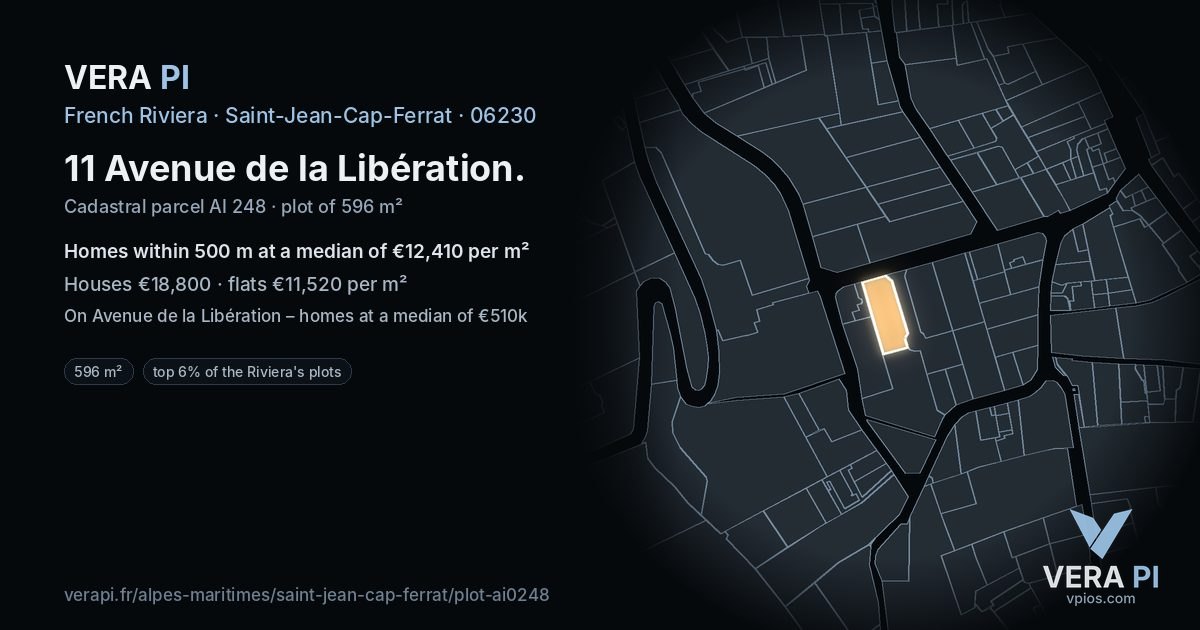 11 Avenue de la Libération, Saint-Jean-Cap-Ferrat at night – the plot lit, the parcels around coloured by the prices near them