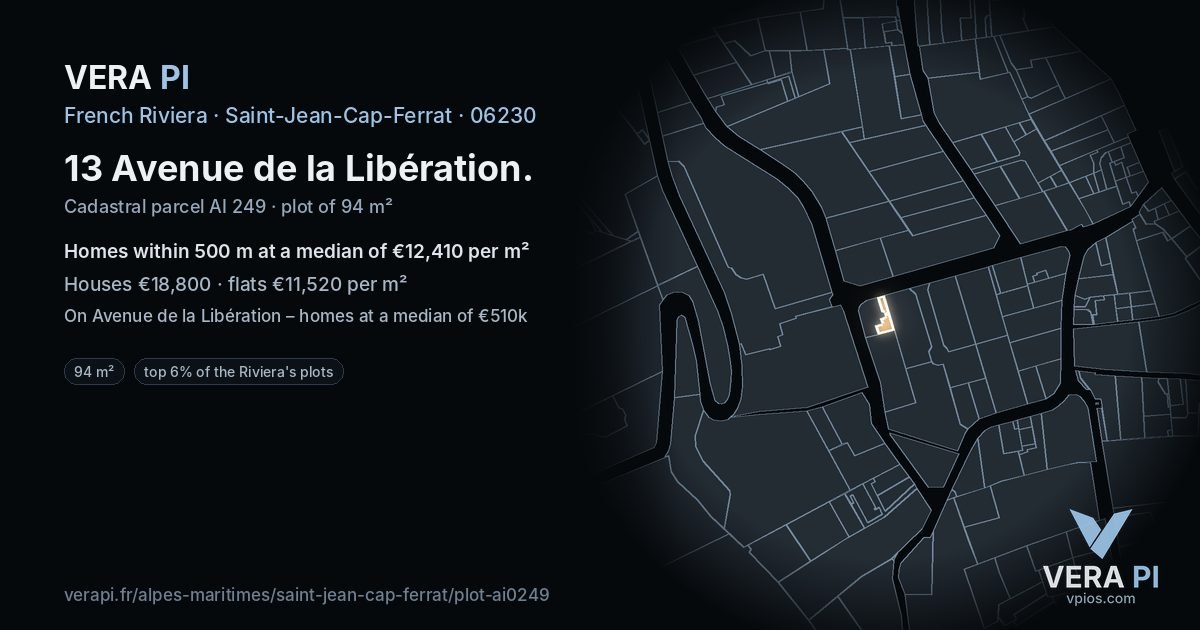 13 Avenue de la Libération, Saint-Jean-Cap-Ferrat at night – the plot lit, the parcels around coloured by the prices near them