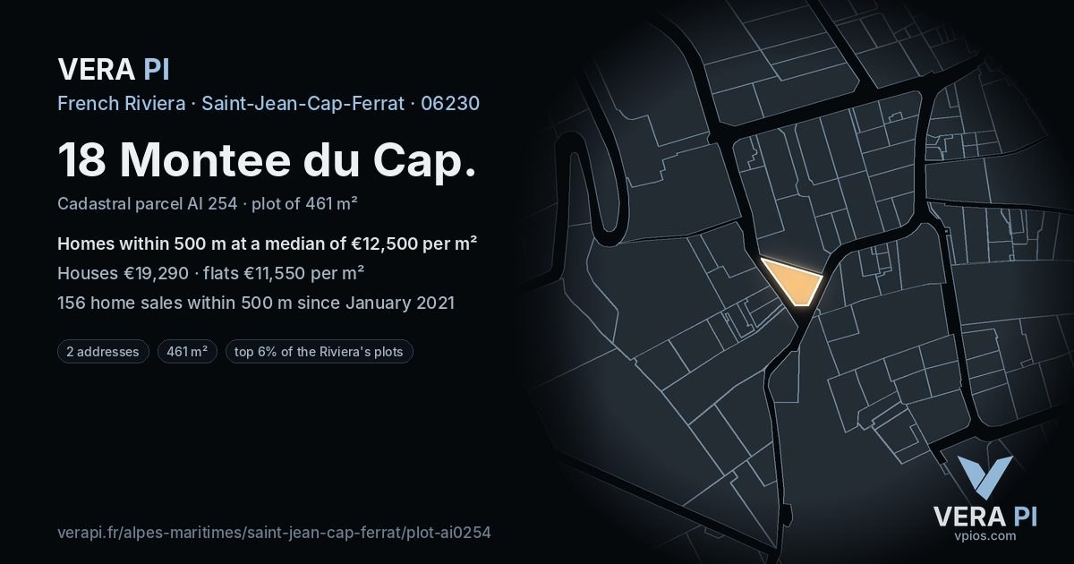 18 Montee du Cap, Saint-Jean-Cap-Ferrat at night – the plot lit, the parcels around coloured by the prices near them