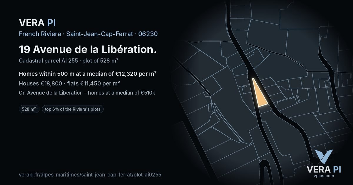 19 Avenue de la Libération, Saint-Jean-Cap-Ferrat at night – the plot lit, the parcels around coloured by the prices near them