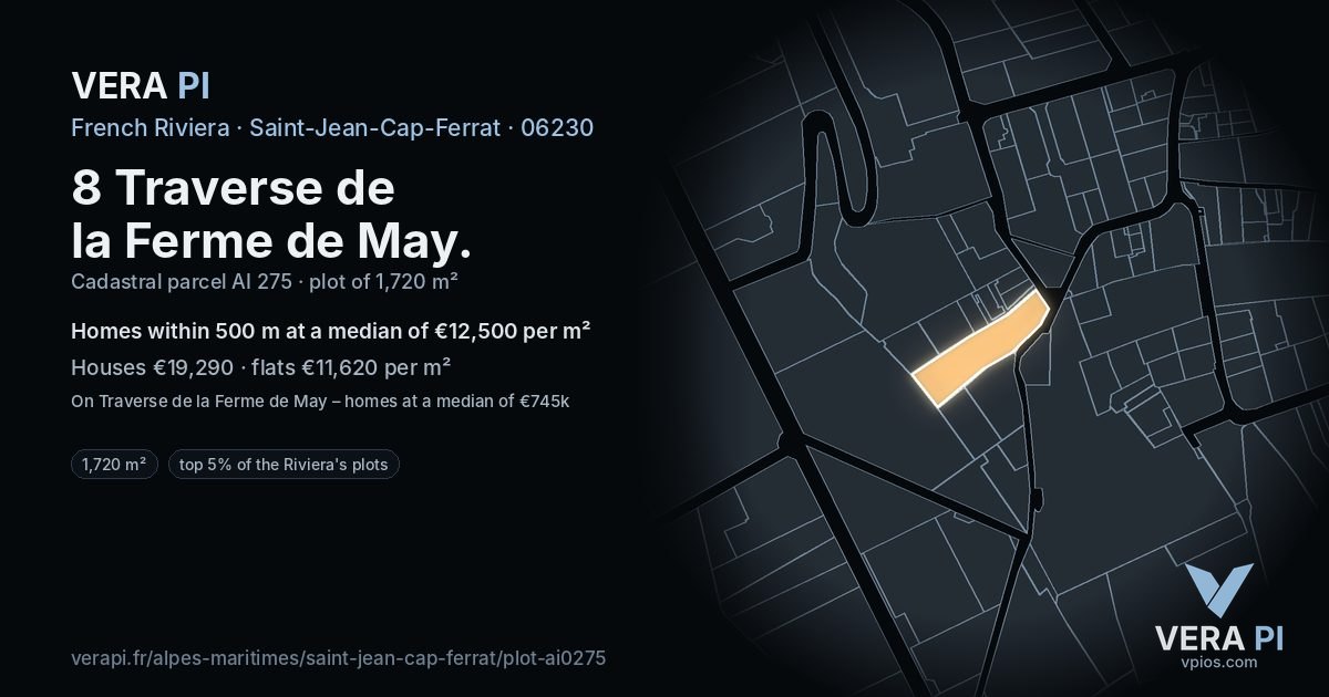 8 Traverse de la Ferme de May, Saint-Jean-Cap-Ferrat at night – the plot lit, the parcels around coloured by the prices near them