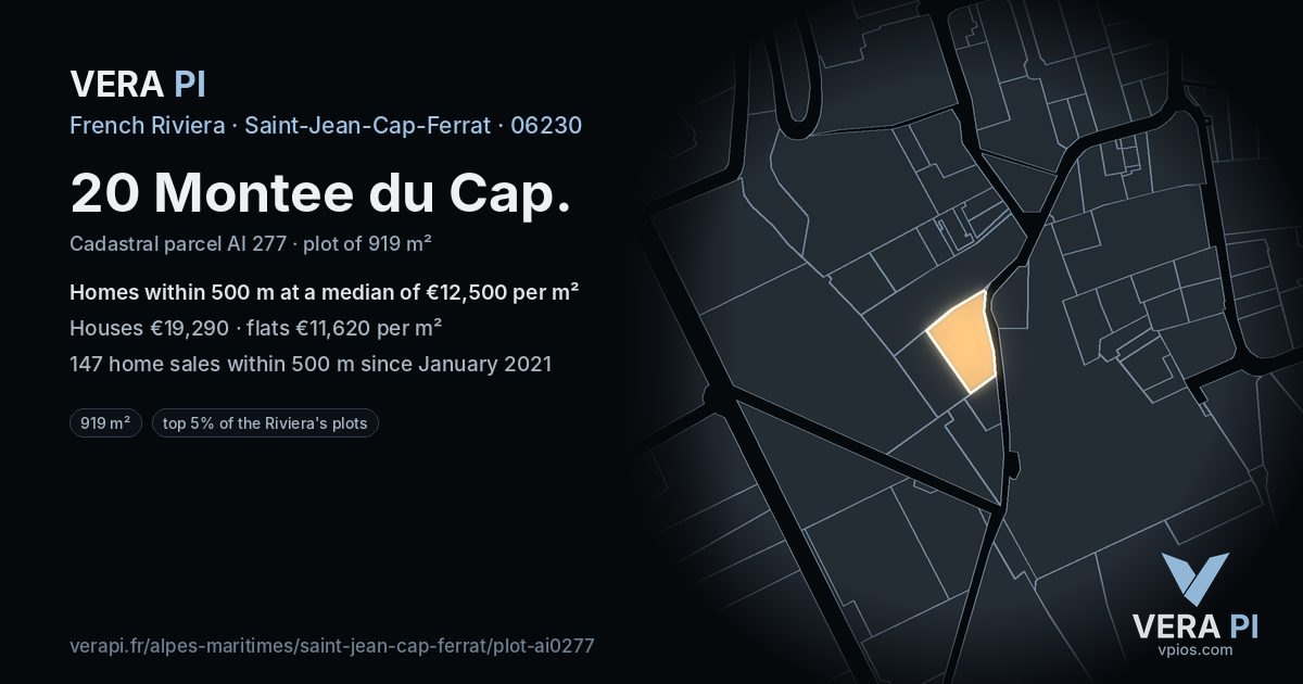 20 Montee du Cap, Saint-Jean-Cap-Ferrat at night – the plot lit, the parcels around coloured by the prices near them
