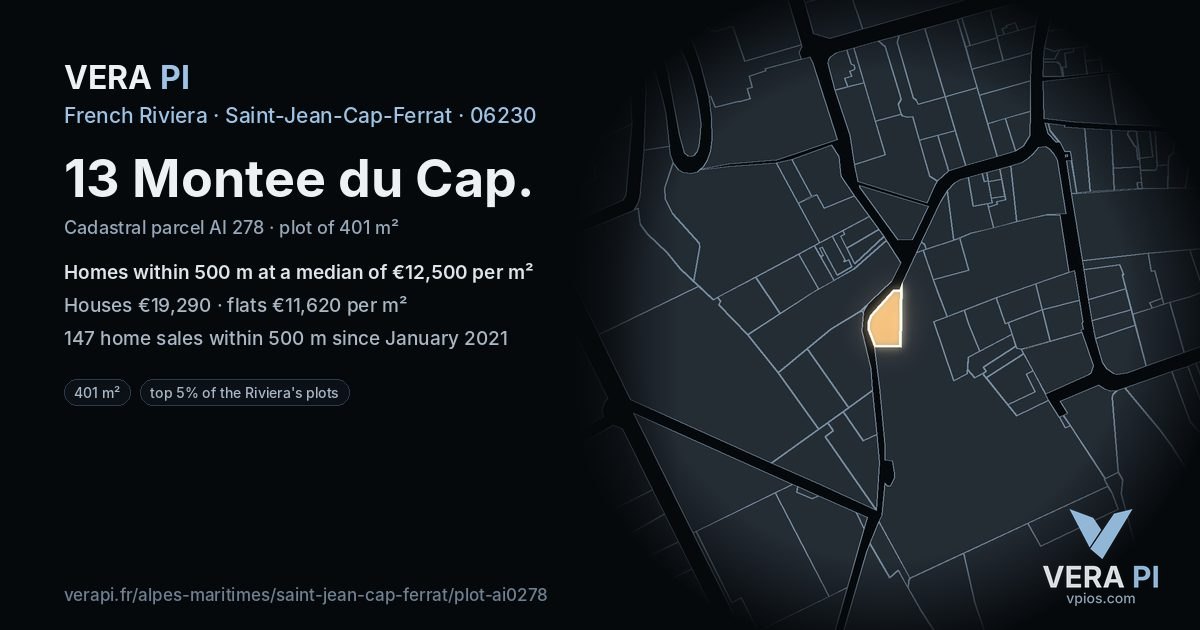 13 Montee du Cap, Saint-Jean-Cap-Ferrat at night – the plot lit, the parcels around coloured by the prices near them