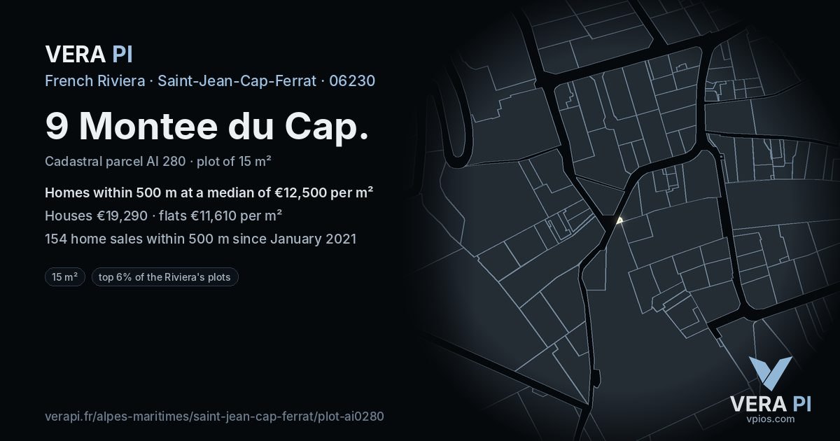 9 Montee du Cap, Saint-Jean-Cap-Ferrat at night – the plot lit, the parcels around coloured by the prices near them