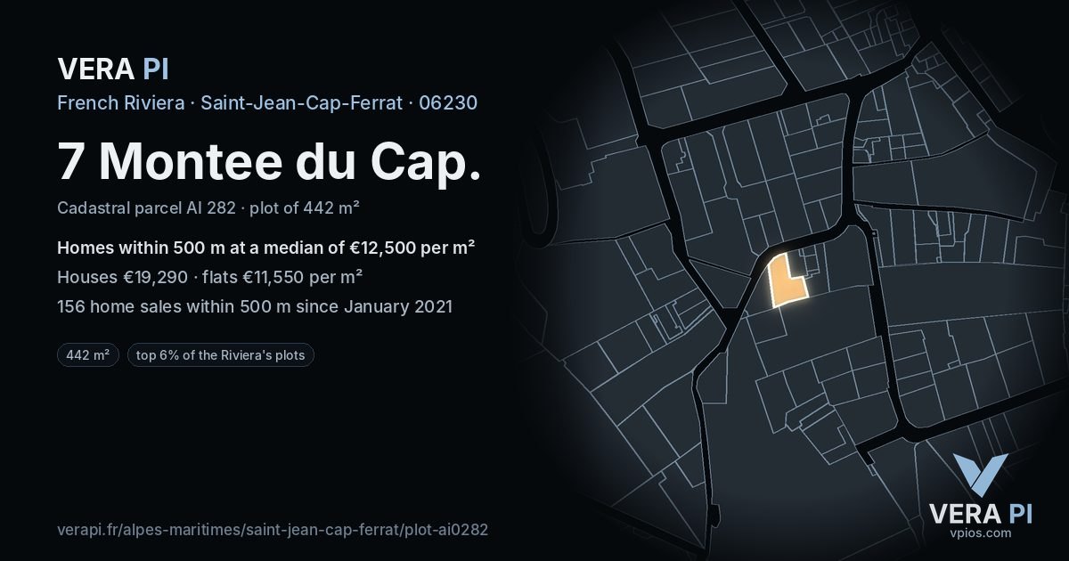 7 Montee du Cap, Saint-Jean-Cap-Ferrat at night – the plot lit, the parcels around coloured by the prices near them