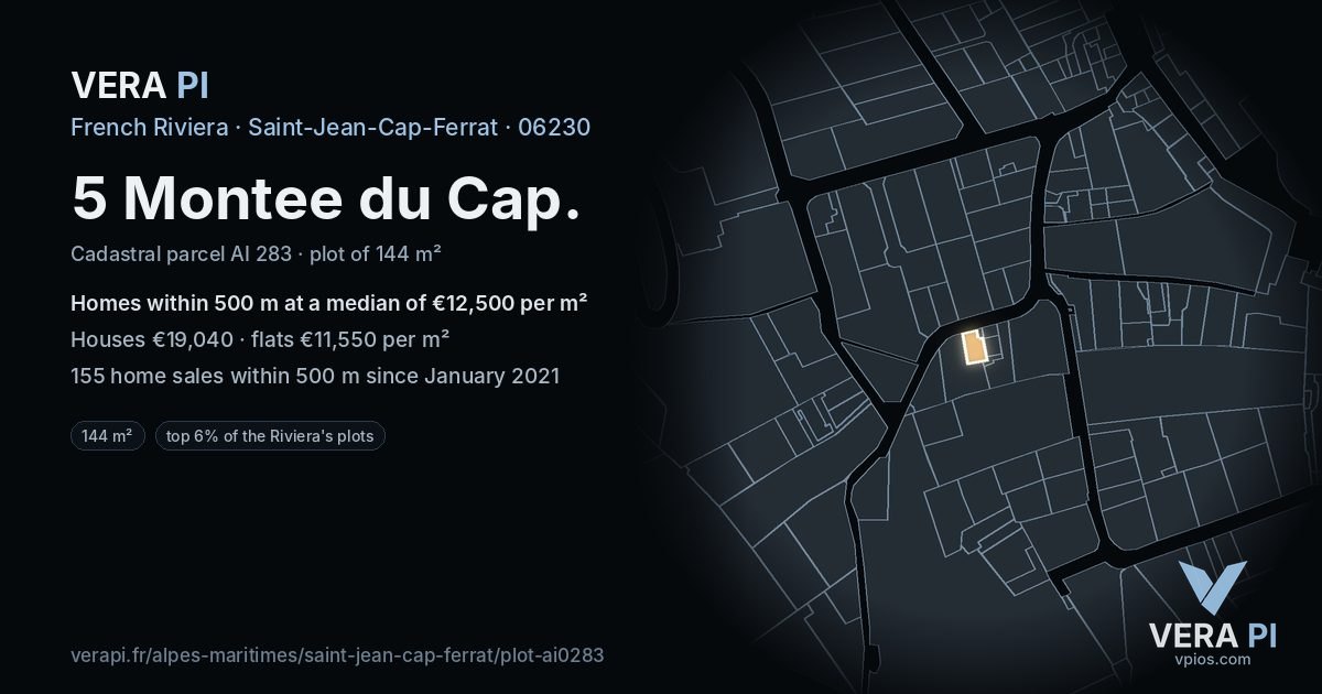 5 Montee du Cap, Saint-Jean-Cap-Ferrat at night – the plot lit, the parcels around coloured by the prices near them