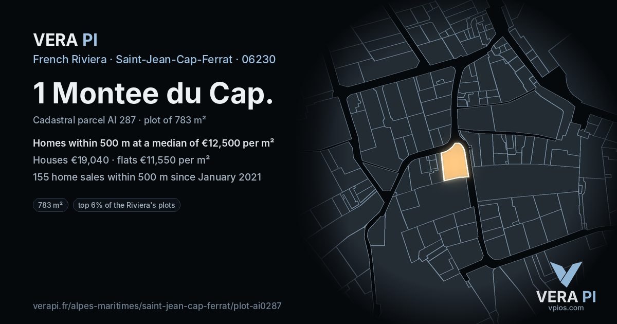 1 Montee du Cap, Saint-Jean-Cap-Ferrat at night – the plot lit, the parcels around coloured by the prices near them