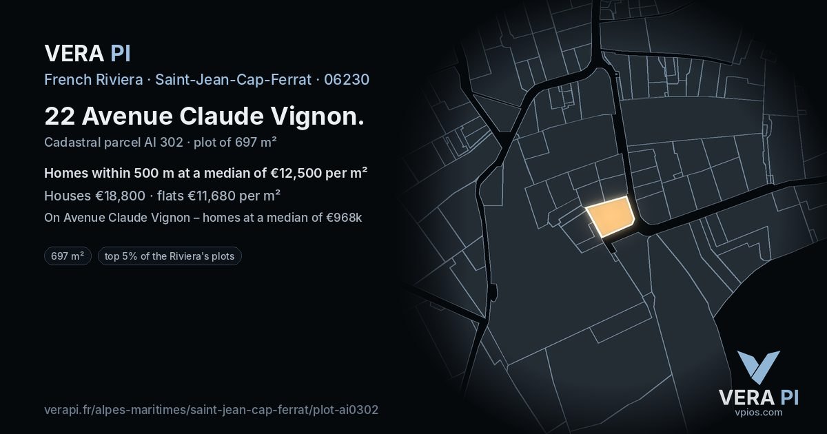22 Avenue Claude Vignon, Saint-Jean-Cap-Ferrat at night – the plot lit, the parcels around coloured by the prices near them