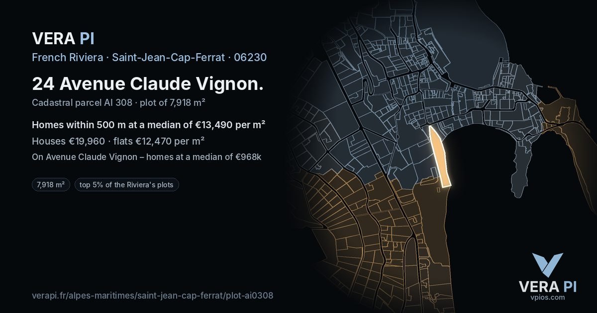 24 Avenue Claude Vignon, Saint-Jean-Cap-Ferrat at night – the plot lit, the parcels around coloured by the prices near them