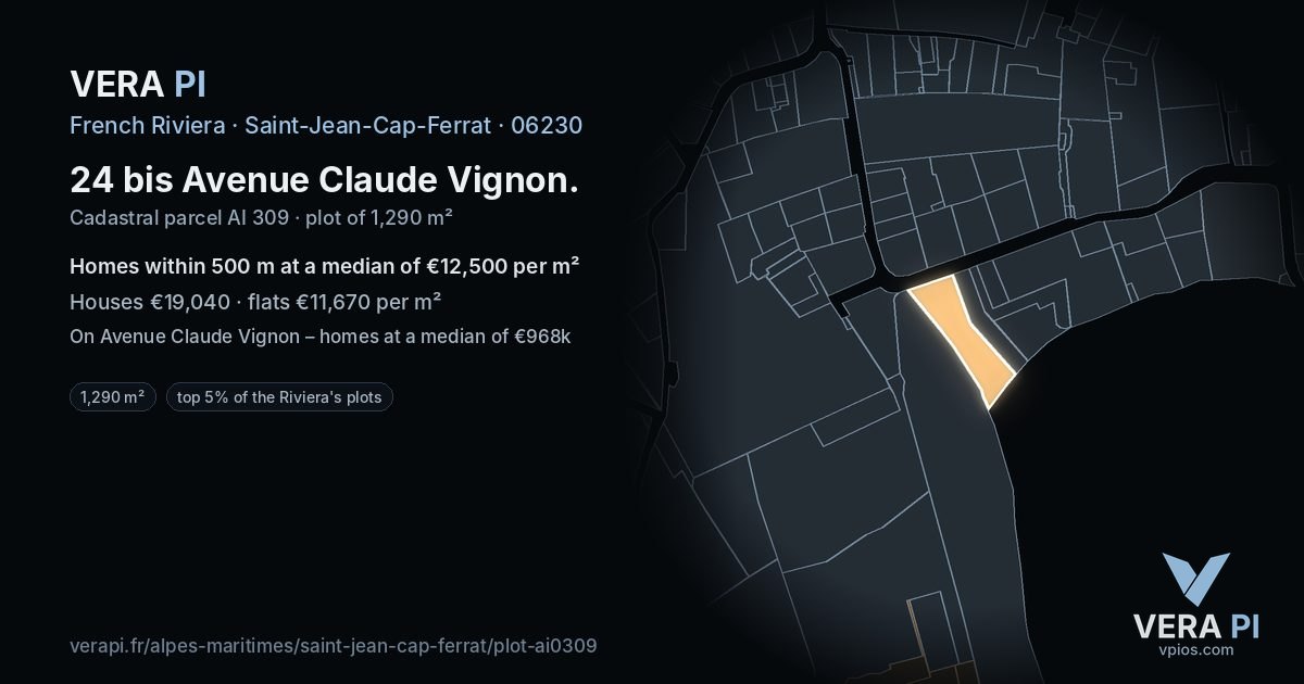24 bis Avenue Claude Vignon, Saint-Jean-Cap-Ferrat at night – the plot lit, the parcels around coloured by the prices near them