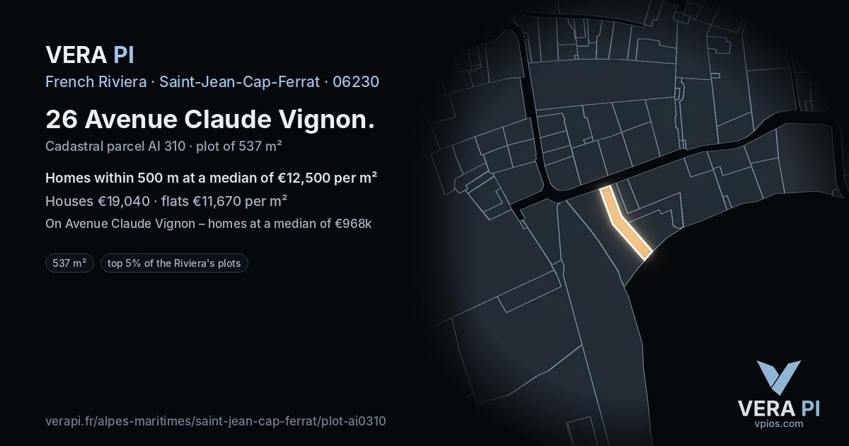 26 Avenue Claude Vignon, Saint-Jean-Cap-Ferrat at night – the plot lit, the parcels around coloured by the prices near them